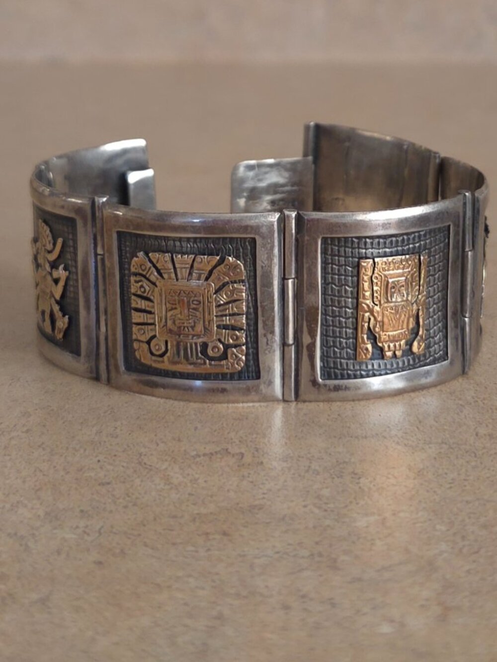 RARE INDUSTRIA PERUANA STERLING SILVER & 18K GOLD PERU PANEL BRACELET